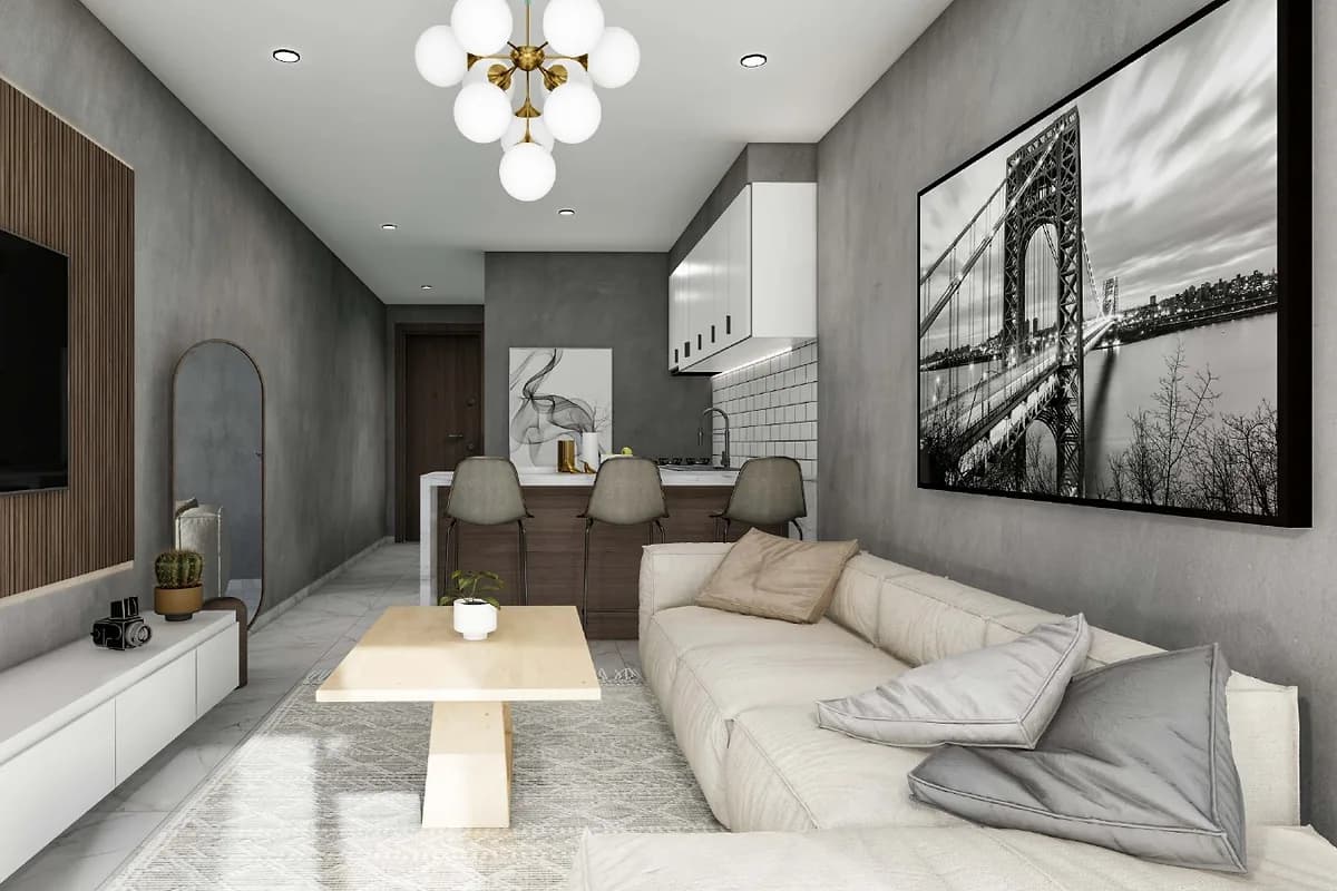 Część dzienna w mieszkaniu typu loft w La Joya Perla 2