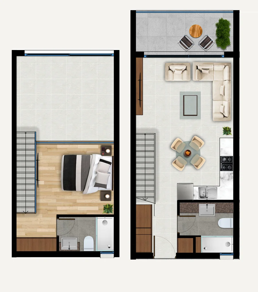 Rzut mieszkania typu 1+1 loft penthouse w The Reverie